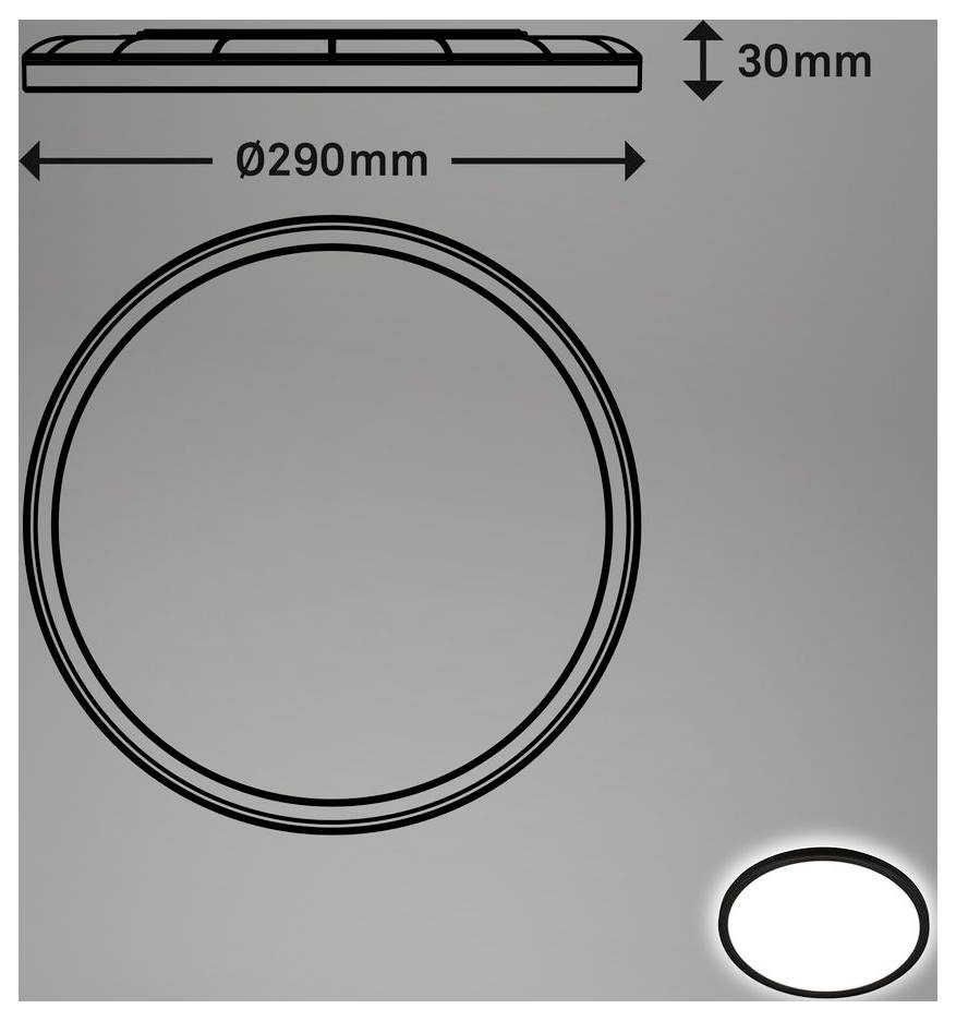 Diagramm eines kreisförmigen Produkts mit Abmessungen: 290 mm Durchmesser und 30 mm Höhe, mit Draufsicht und Vorderansicht.