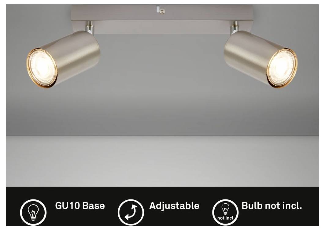 Zwei verstellbare Deckenleuchten aus gebürstetem Metall mit GU10-Fassung auf einer Deckenleiste montiert, dargestellt mit Symbolen für GU10-Fassung und ohne Leuchtmittel.