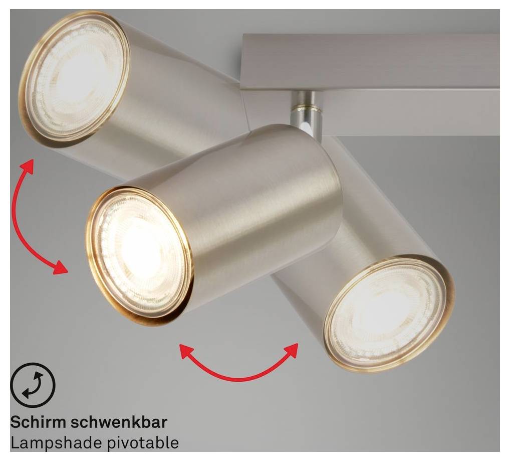 Drei verstellbare zylindrische Spotlights auf einer Deckenleiste, mit roten Pfeilen, die andeuten, dass die Lampen schwenkbar sind; der Text lautet „Schirm schwenkbar