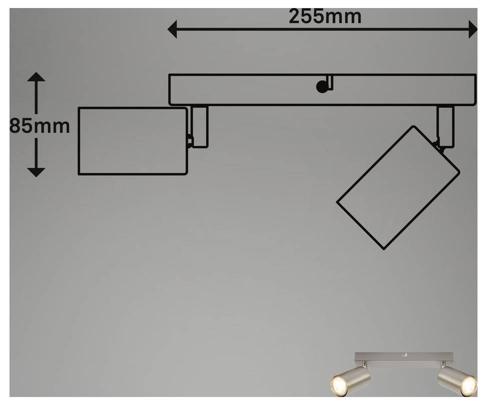 Diagramm einer doppelten Spotleuchte: 255 mm breit und 85 mm hoch, mit zwei verstellbaren Lampenköpfen und einer Decken-/Montageschiene.