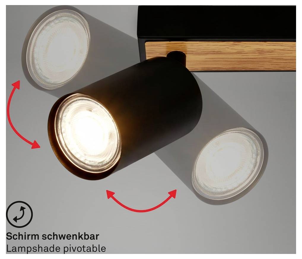 Verstellbare schwarze Spotlightlampe mit schwenkbarem Kopf, dargestellt beim Drehen zum Ausrichten des Lichts; der Text lautet „Lampenschirm schwenkbar
