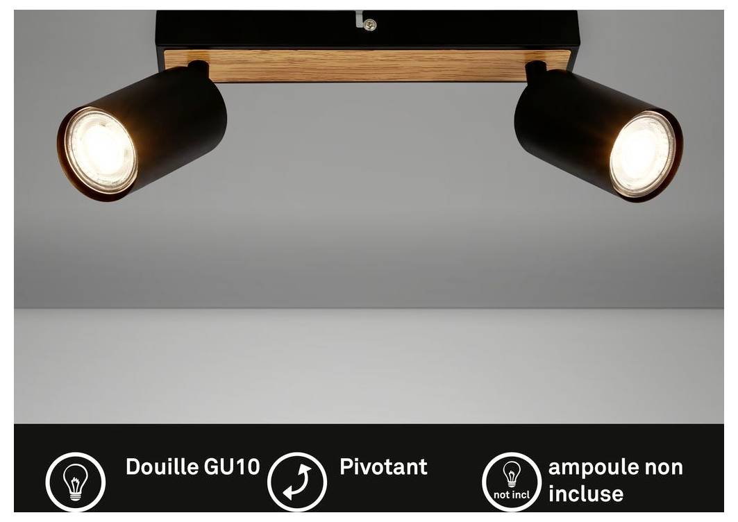 Zwei schwarze verstellbare GU10-Strahler auf einer Holzdeckenhalterung, mit Symbolen, die Schwenkbarkeit anzeigen und dass Leuchtmittel nicht enthalten sind.