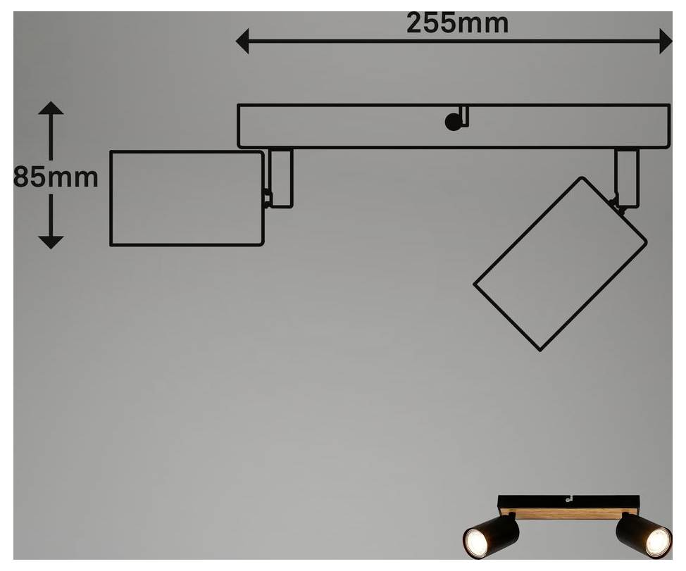 Diagramm einer Schienenleuchtе mit Abmessungen: 255 mm lang und 85 mm hoch, mit zwei verstellbaren Spotlights und einer Kastenbefestigung auf der linken Seite.