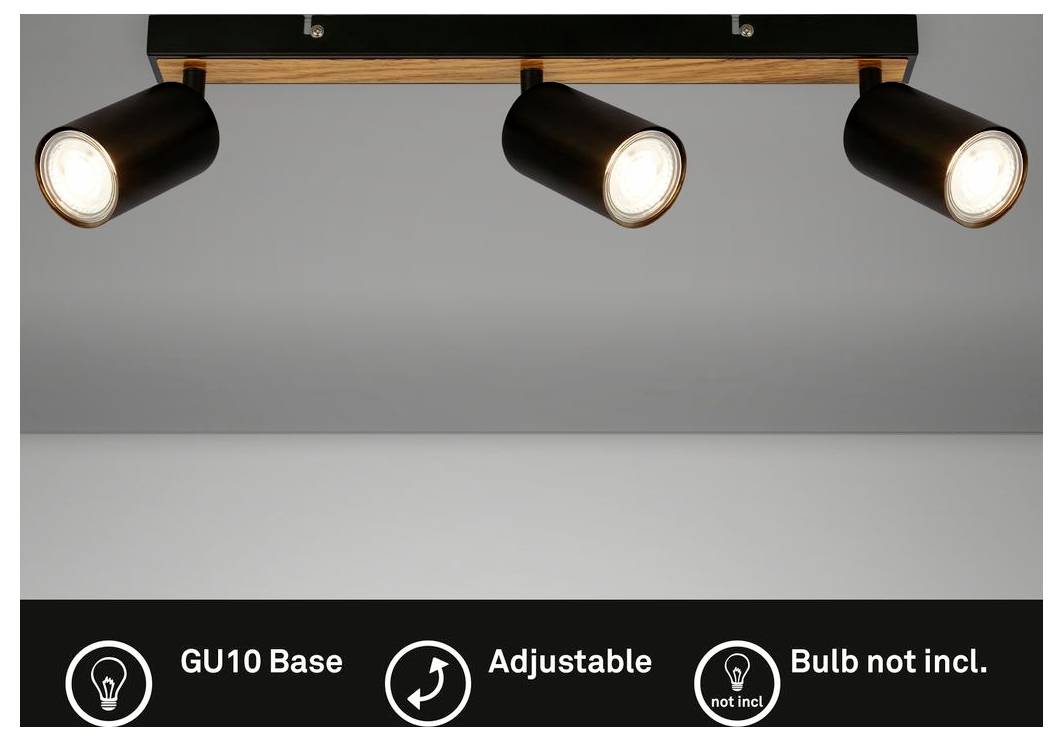 Drei schwarze verstellbare Spotlicht-Köpfe auf einer Holzdeckenschiene, gekennzeichnet als GU10-Fassung und Glühbirne nicht enthalten.