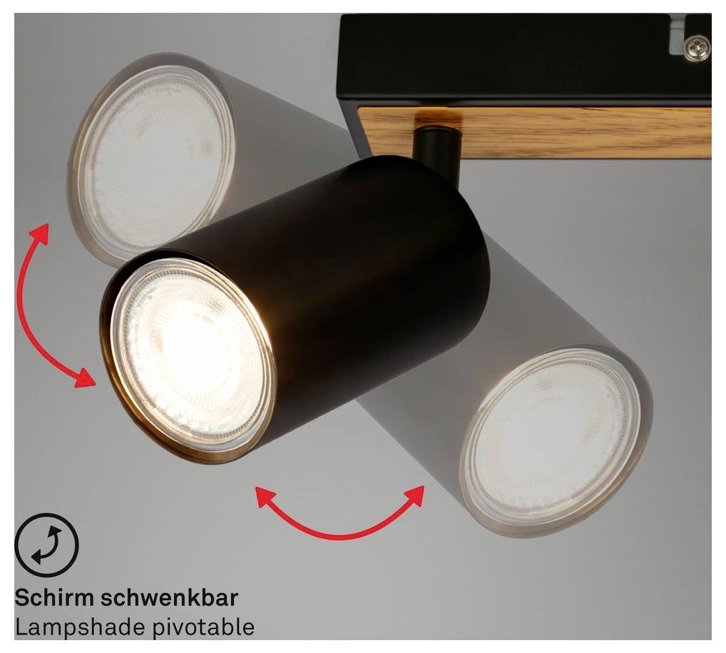 Schwarzer verstellbarer Deckenspot mit zylindrischem Schirm, der zum Schwenken angezeigt wird, mit Pfeilen, die angeben, dass der Lampenschirm schwenkbar ist.