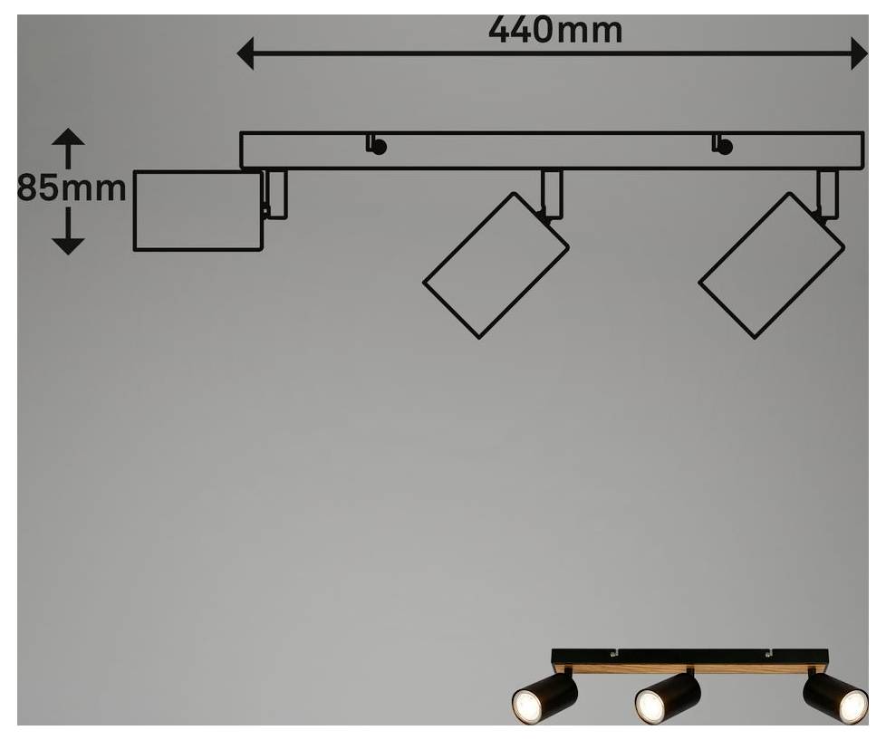 Diagramm einer Deckenleuchtenleiste mit einer Spuerlänge von 440 mm und einer Höhe von 85 mm, an der drei verstellbare Spotlights montiert sind.