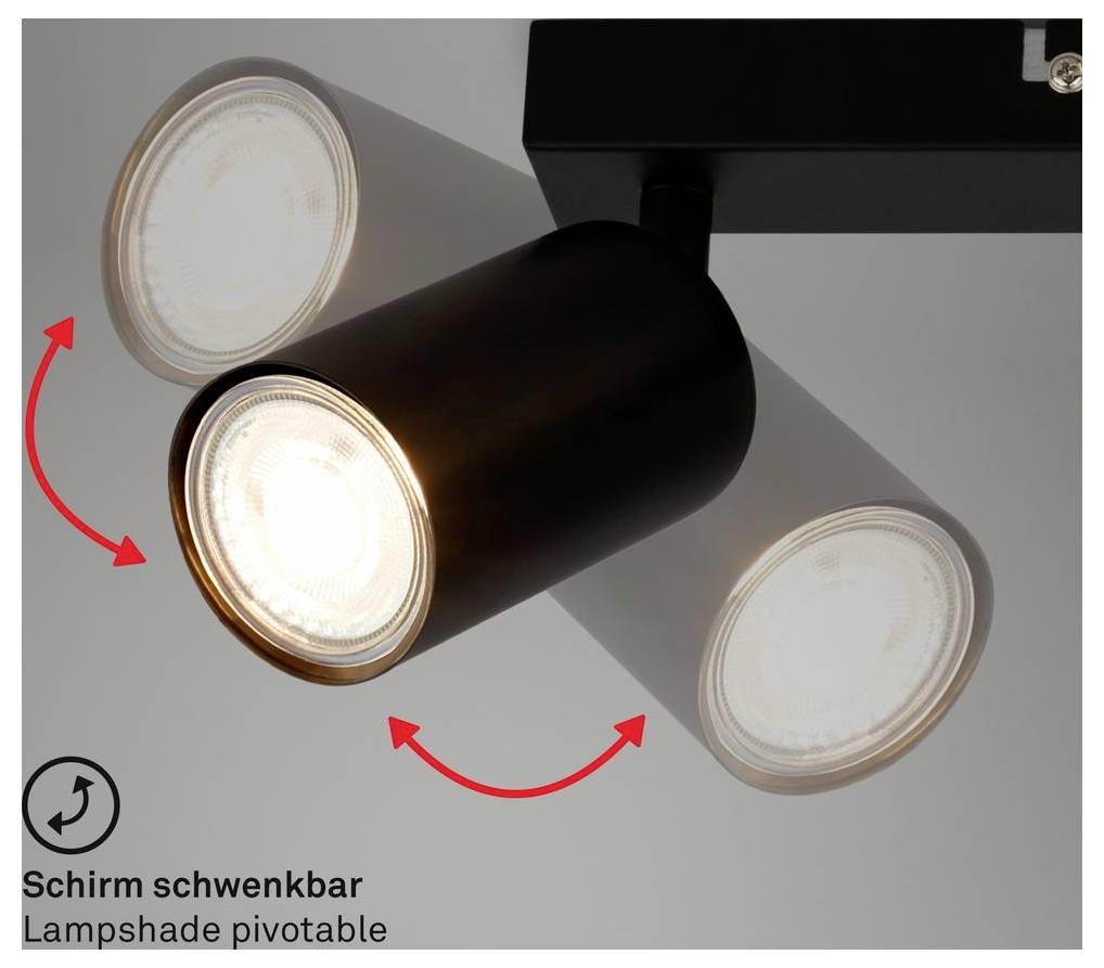 Schwarzer Schienenstrahler mit verstellbarem Lampenkopf; rote Pfeile zeigen die Lampenschirm-Drehachsen nach links und rechts. Text: 'Lampenschirm schwenkbar'.