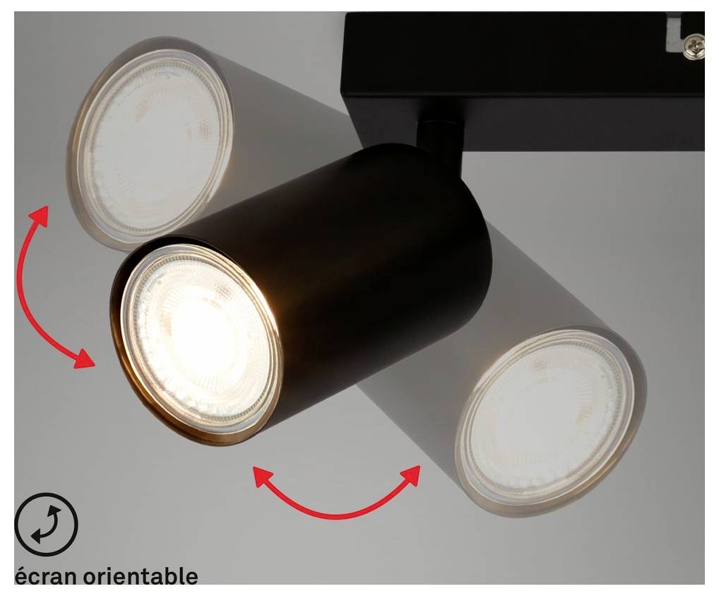 Schwarze verstellbare Schienenstrahler-Spotlights mit drei Köpfen, dargestellt beim Drehen, um das Licht auszurichten; gekennzeichnet mit „écran orientable