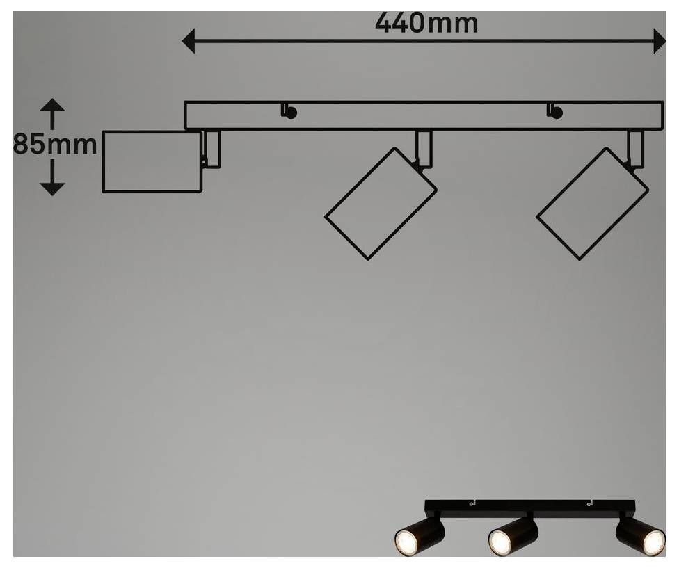 Diagramm einer 440 mm Schienenpeleuchte mit 85 mm Höhe, drei verstellbaren Spotlights und einer seitlich angebrachten Kastenkomponente.