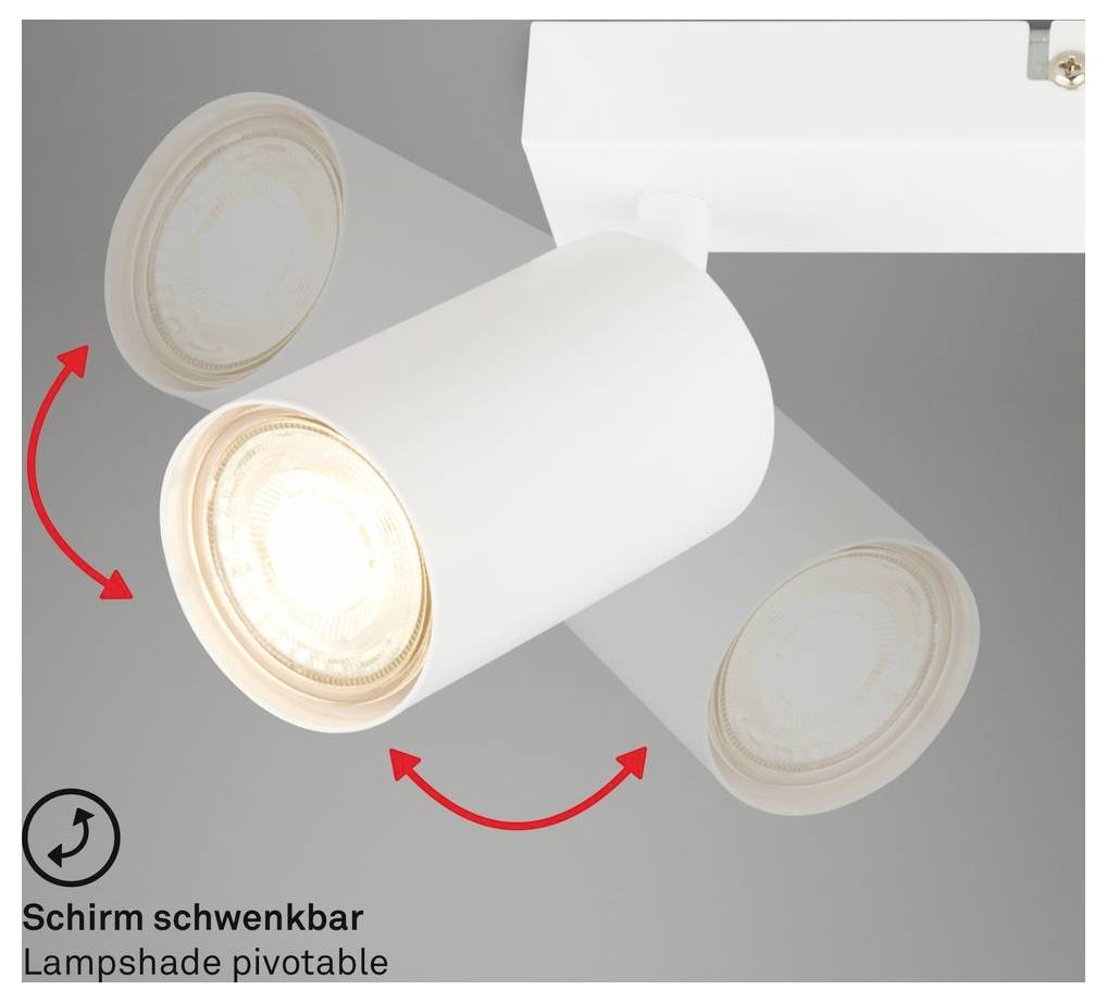Weißer zylindrischer Spotlicht mit schwenkbarem Lampenschirm, dargestellt in mehreren Rotationsrichtungen; die Beschriftung lautet „Schirm schwenkbar
