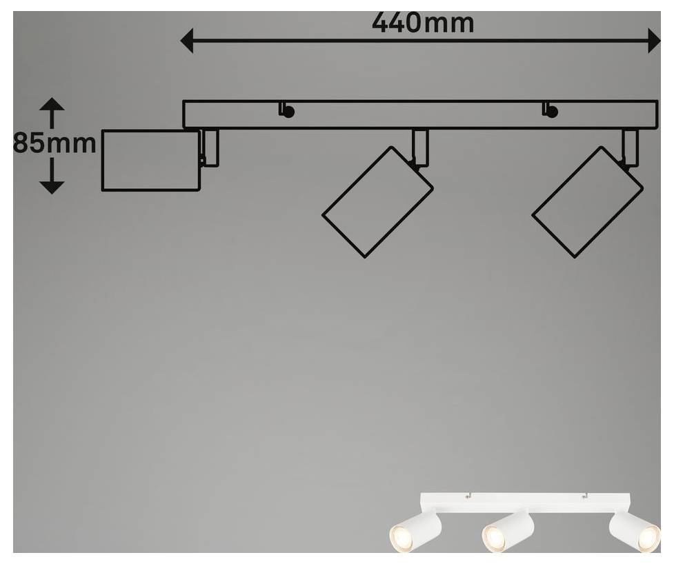 Diagramm einer Deckenleuchte mit einer Breite von 440 mm und einer Höhe von 85 mm, mit drei verstellbaren Spotlights, die auf einer Schiene montiert sind.