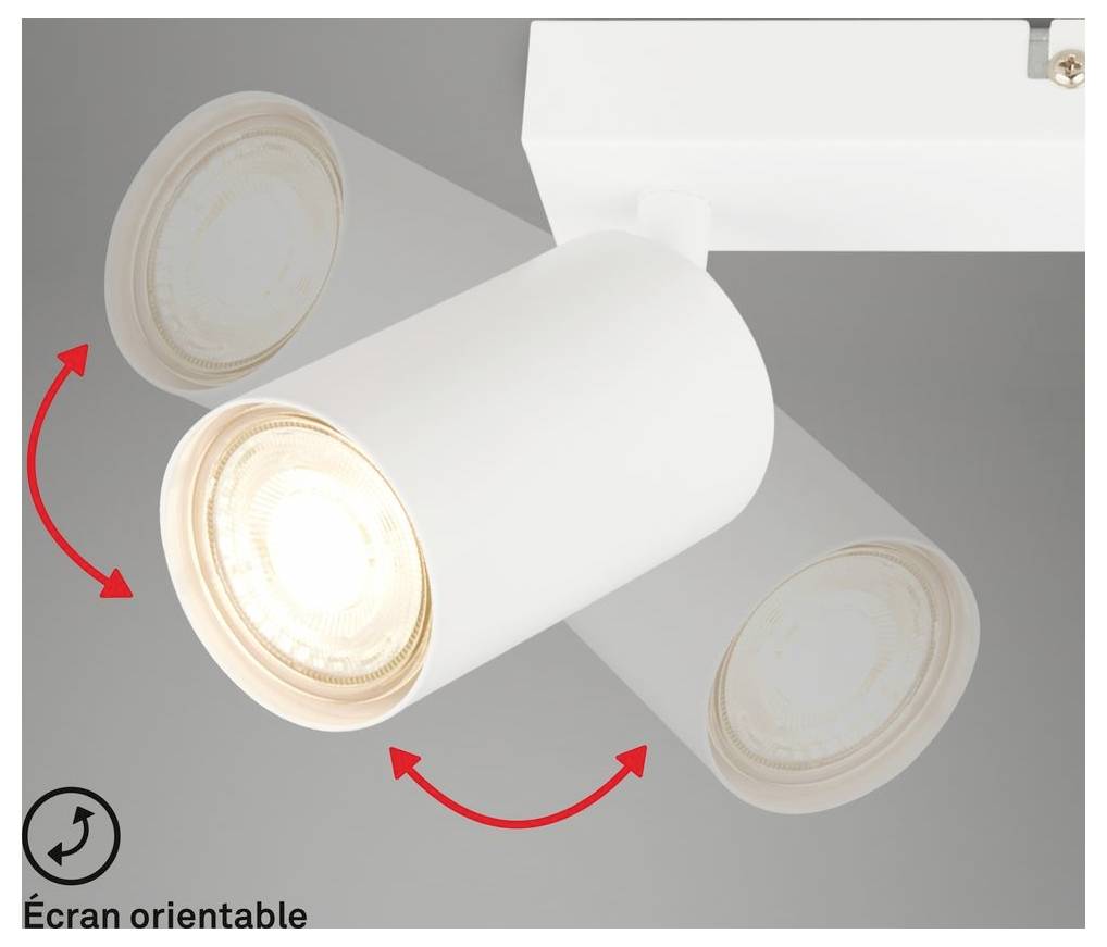 Verstellbarer Deckenspot, der sich schwenken lässt, um das Licht in verschiedene Richtungen auszurichten, mit roten Pfeilen, die Drehung und Neigung anzeigen.