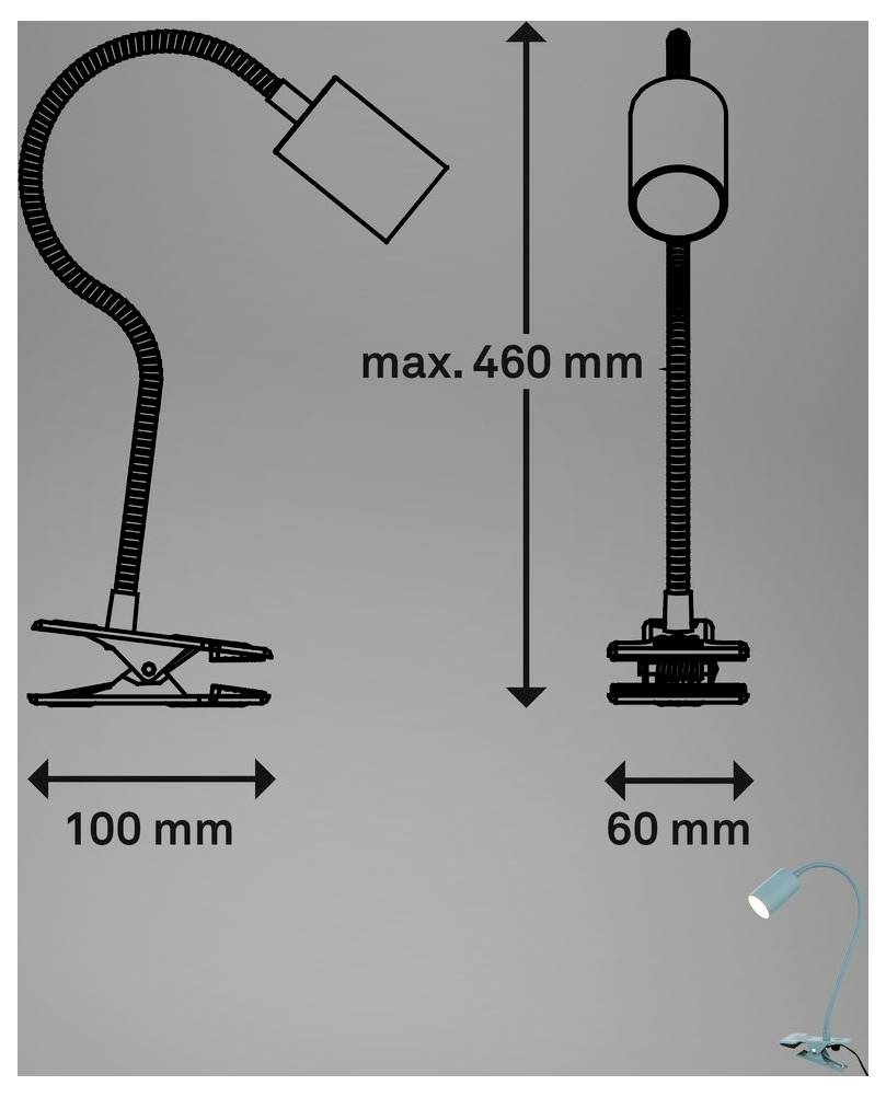 Diagramm einer Klemmhalter-Schwanenhalsleuchte mit Abmessungen: maximale Höhe 460 mm, Klemmbreite 100 mm, Basisbreite 60 mm.