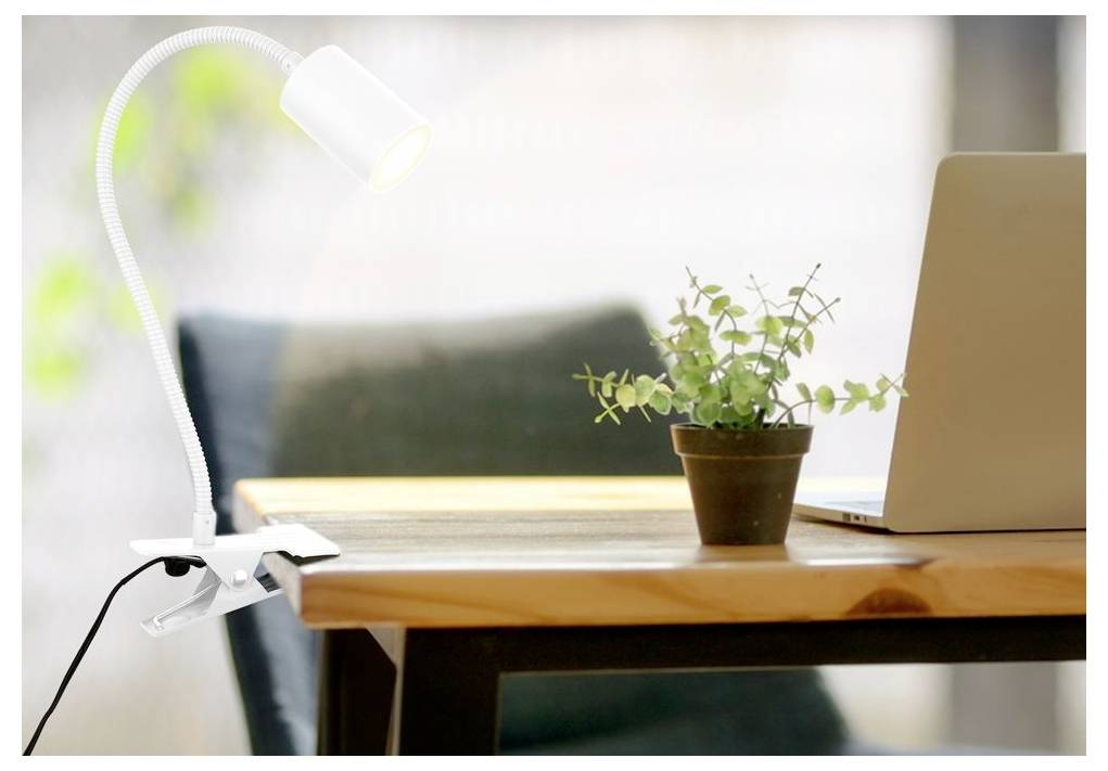 Kleine Schreibtischlampe, die an einem Holztisch neben einer Topfpflanze und einem aufgeklappten Laptop in einem hellen Homeoffice befestigt ist.