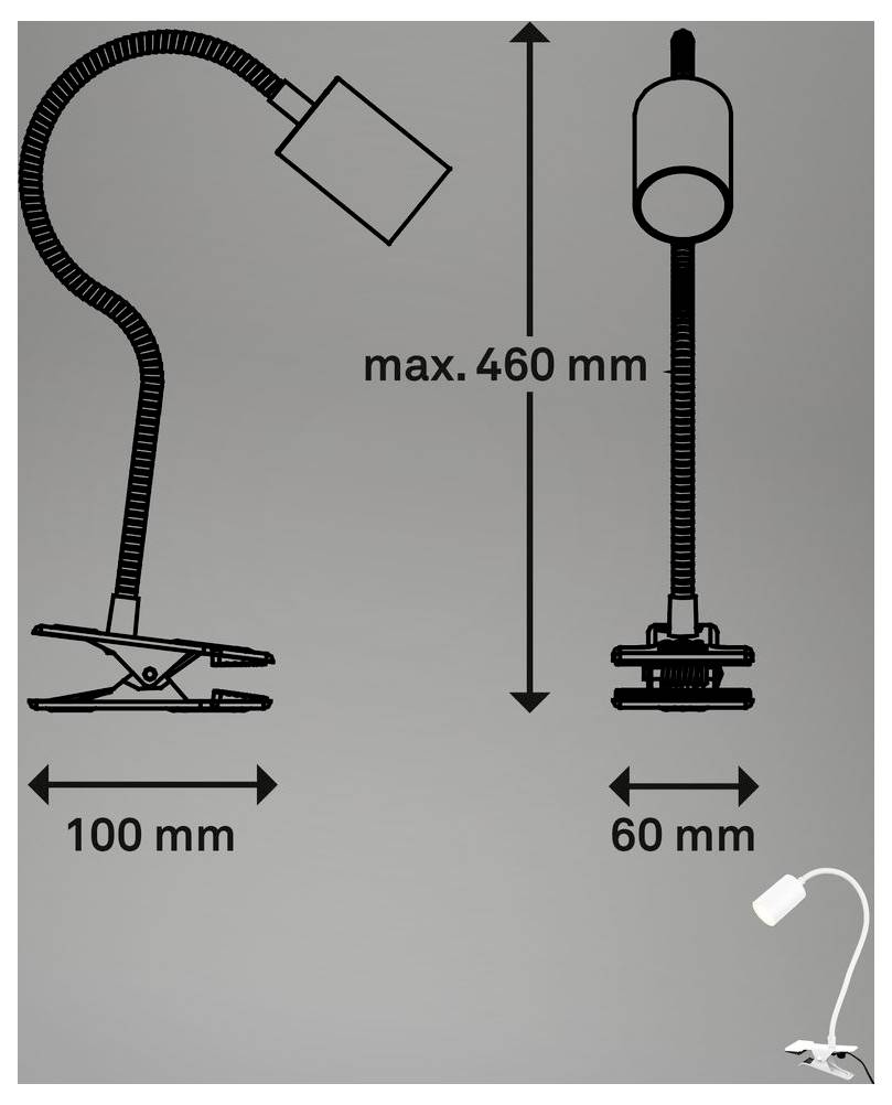 Diagramm einer Klemmleuchte mit verstellbarer Höhe bis zu 460 mm, mit einer Basisbieite von 100 mm für die linke Version und 60 mm für die rechte Version.