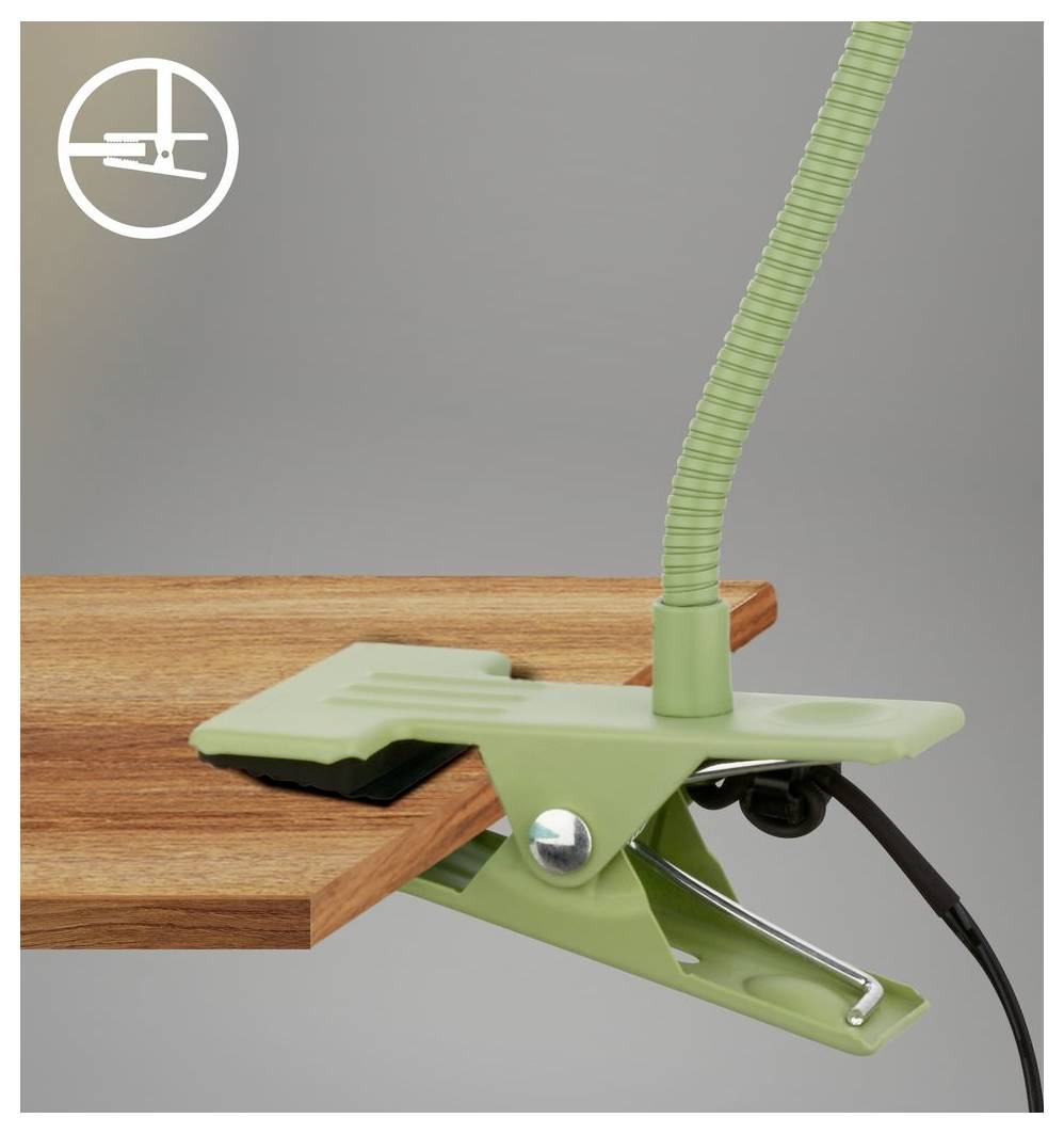 Grüne Tischlampe zum Anklammern, befestigt an einem Holztisch, mit flexiblem Schwanenhals und Stromkabel.