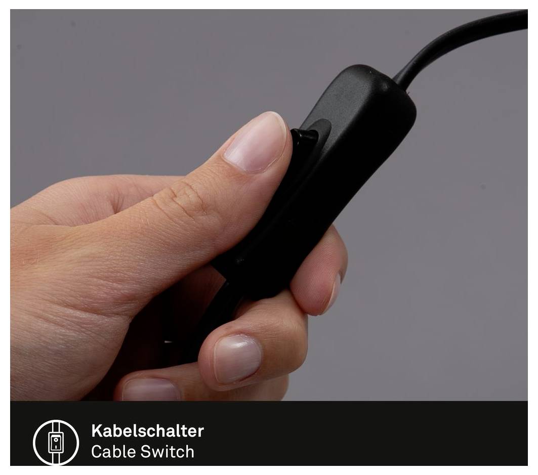 Hand, die einen schwarzen Inline-Kabelschalter mit einem Knopf hält; Etikett lautet „Kabelschalter