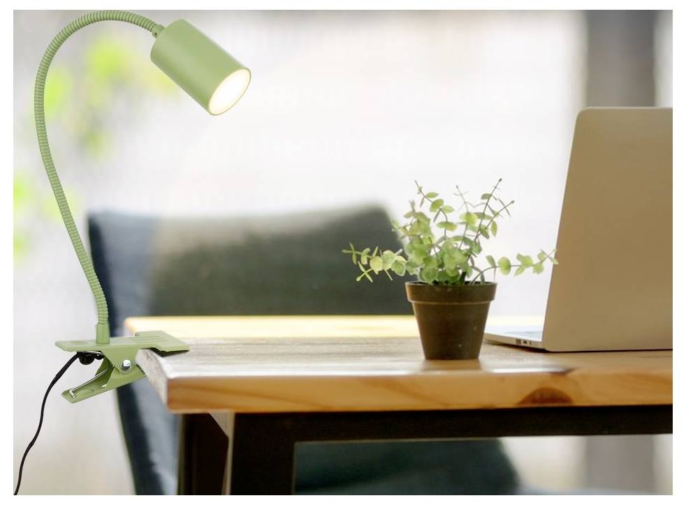 Grüne Klemmleuchte beleuchtet einen Holztisch mit einer kleinen Topfpflanze und einem aufgeklappten Laptop in einem hellen Arbeitsbereich im Homeoffice.