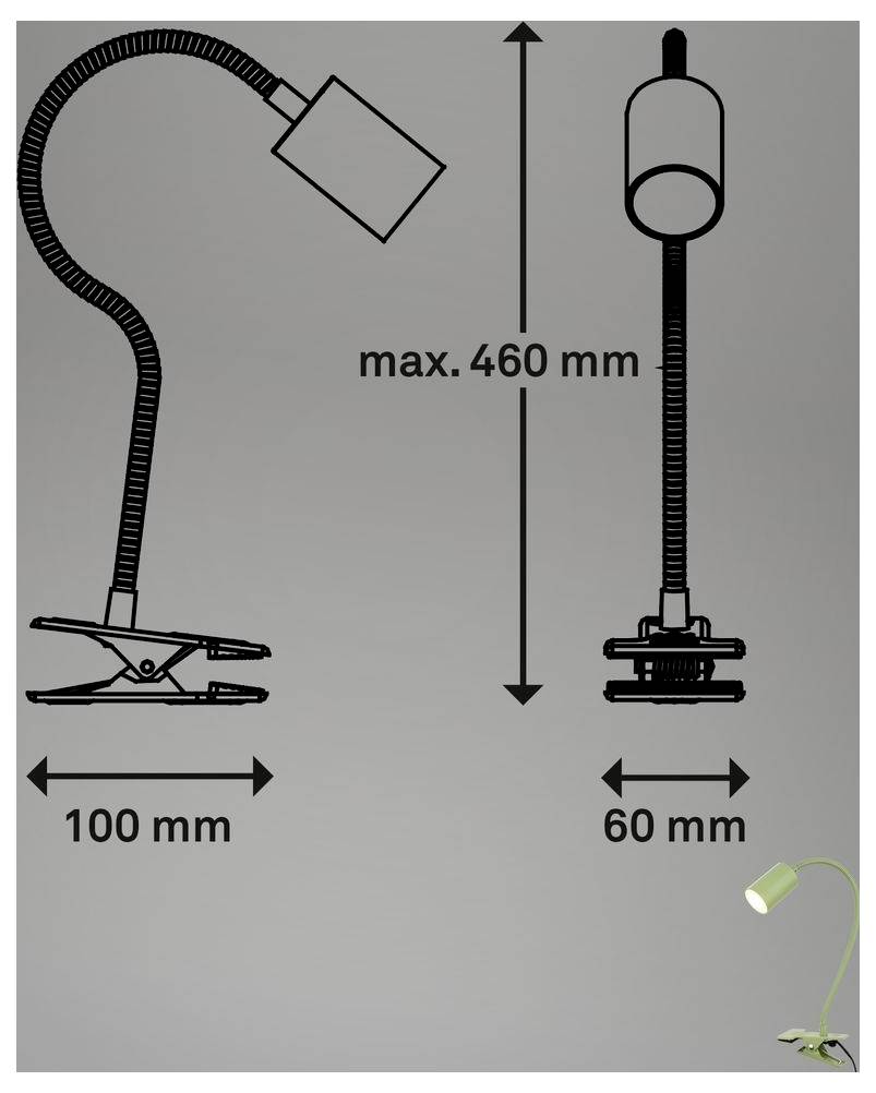 Diagramm einer Klemmleuchte mit verstellbarem Schwanenhals, maximale Höhe 460 mm, Klemmbreite 100 mm und Sockelbreite 60 mm.