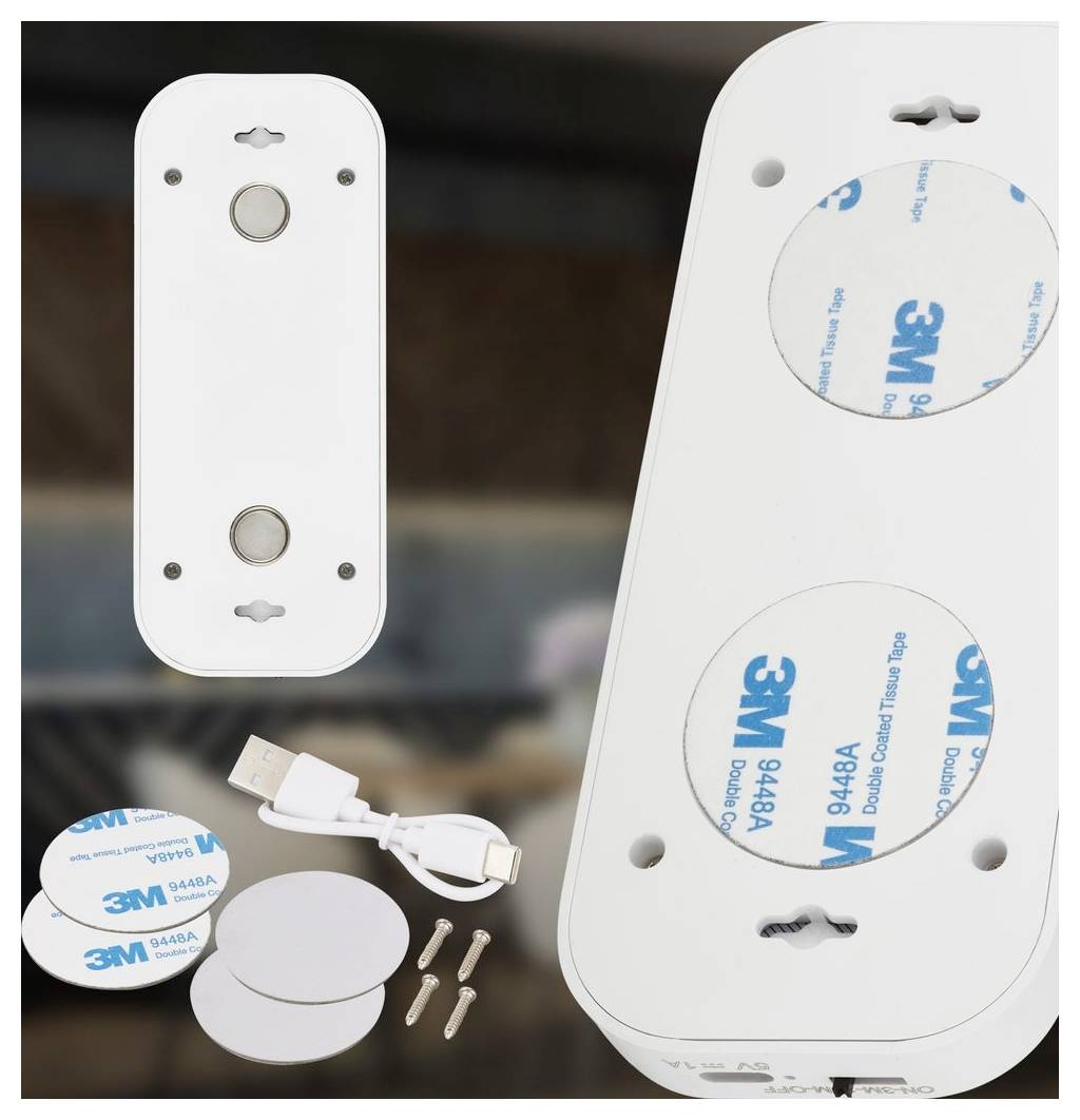 Weißes wandmontiertes Gerät mit Klebstoffrücken, USB-Kabel und Montagezubehör, zusammen mit der Vorder- und Rückseite der Einheit dargestellt.