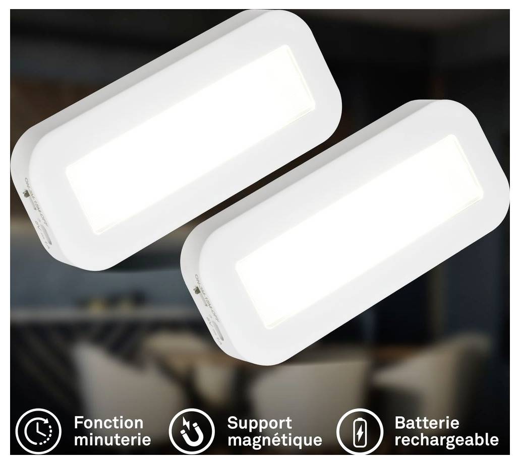 Zwei rechteckige wiederaufladbare LED-Leuchten mit integriertem Timer und magnetischer Befestigung, dargestellt mit Symbolen und französischen Beschriftungen für „Fonction minuterie