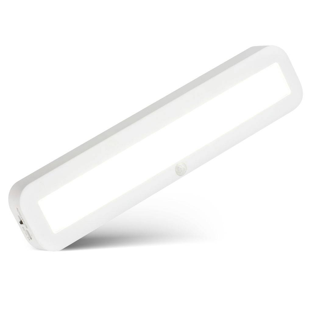 Weiße rechteckige LED-Lichtplatte oder Wandlampe mit abgerundeten Ecken, in schräger Ansicht auf einfachem Hintergrund dargestellt.
