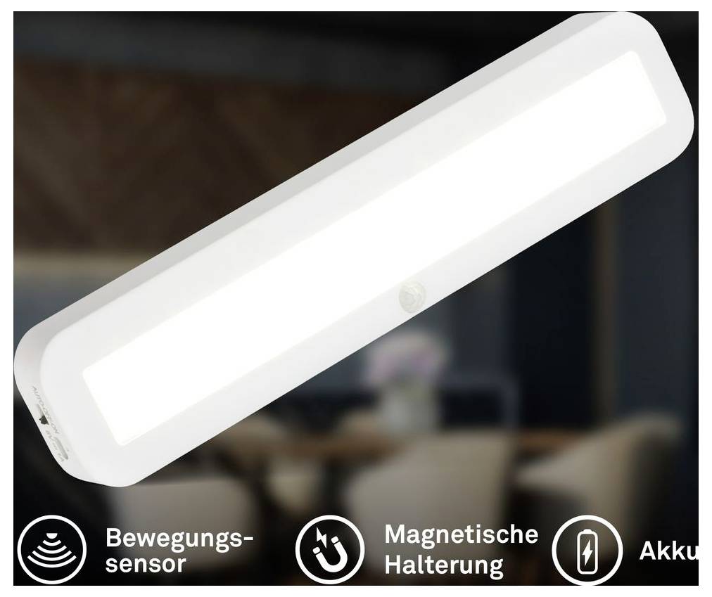 Weiße rechteckige LED-Leuchte mit Bewegungsmelder, Magnethalterung und Batteriebetrieb, vor einem unscharfen Innenraum-Hintergrund dargestellt.
