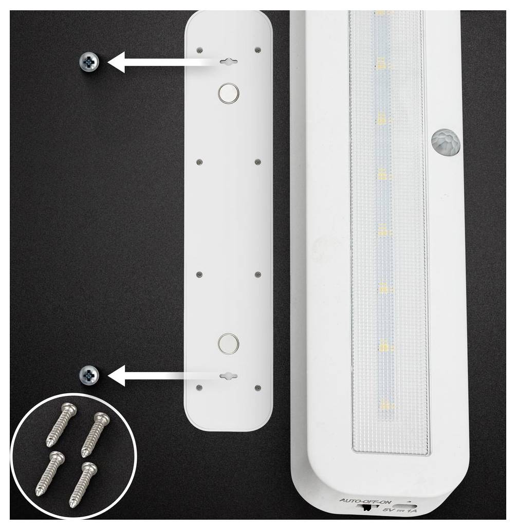 LED-Leuchte mit Montagebracket und Schrauben, zeigt, wo sie an der Wand oder Decke befestigt werden soll.