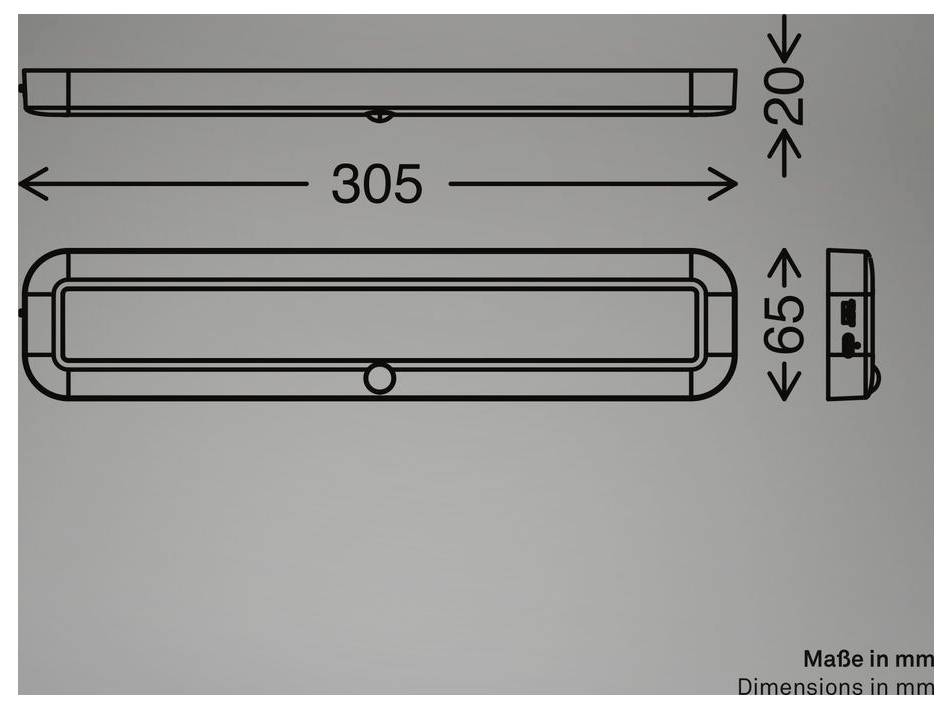 Technische Maßzeichnung eines rechteckigen Griffs oder einer Befestigung mit einer Länge von 305 mm, einer Höhe von 65 mm und einer Tiefe von 20 mm, beschriftet mit „Hergestellt in mm