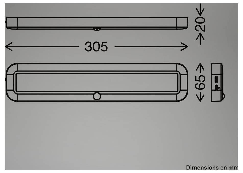 Technische Zeichnung eines rechteckigen Geräts mit Vorder- und Seitenansicht mit Abmessungen von 305 mm Länge, unter 65 mm Breite und unter 20 mm Höhe.