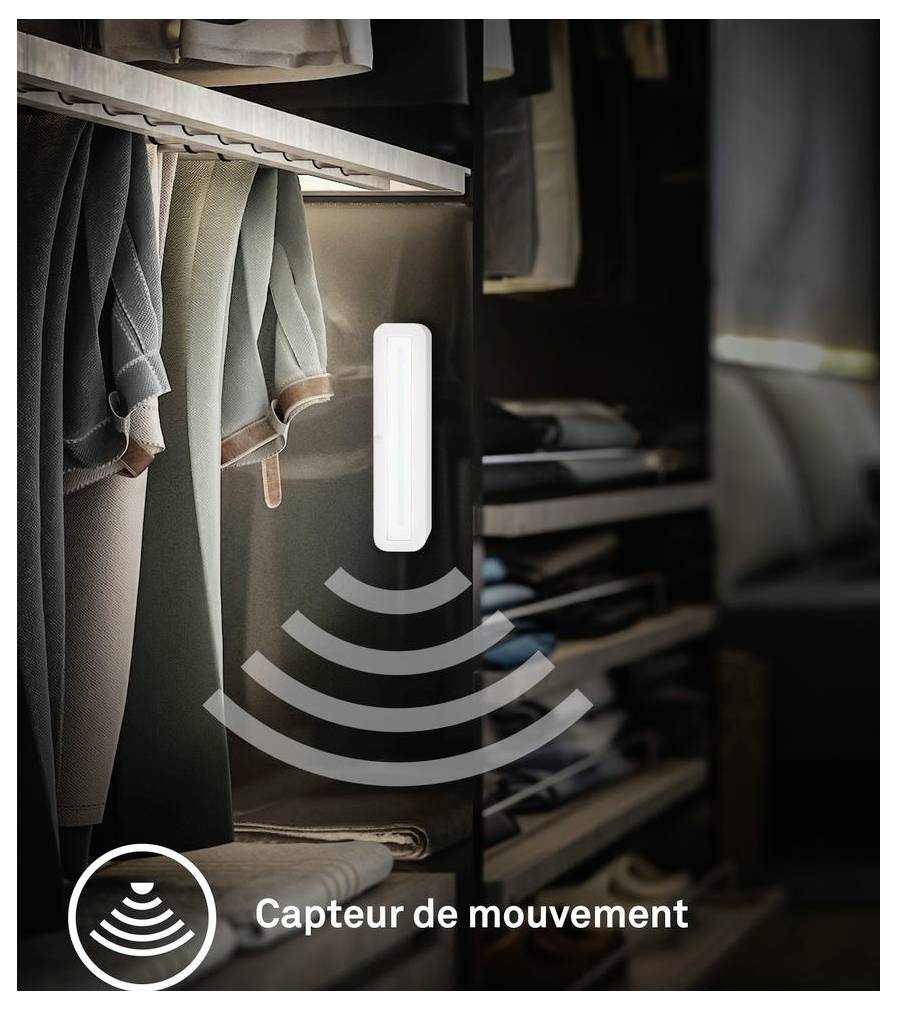 Bewegungsmelder in einem Schrank erkennt Bewegung, angezeigt durch Signalwellen und den französischen Text „Capteur de mouvement