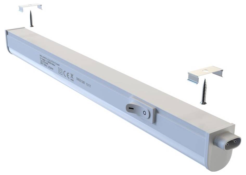 Langliche rechteckige LED-Leuchte mit Ein-/Ausschalter und Stecker, dargestellt mit zwei Befestigungsclips und Schrauben zur Montage.