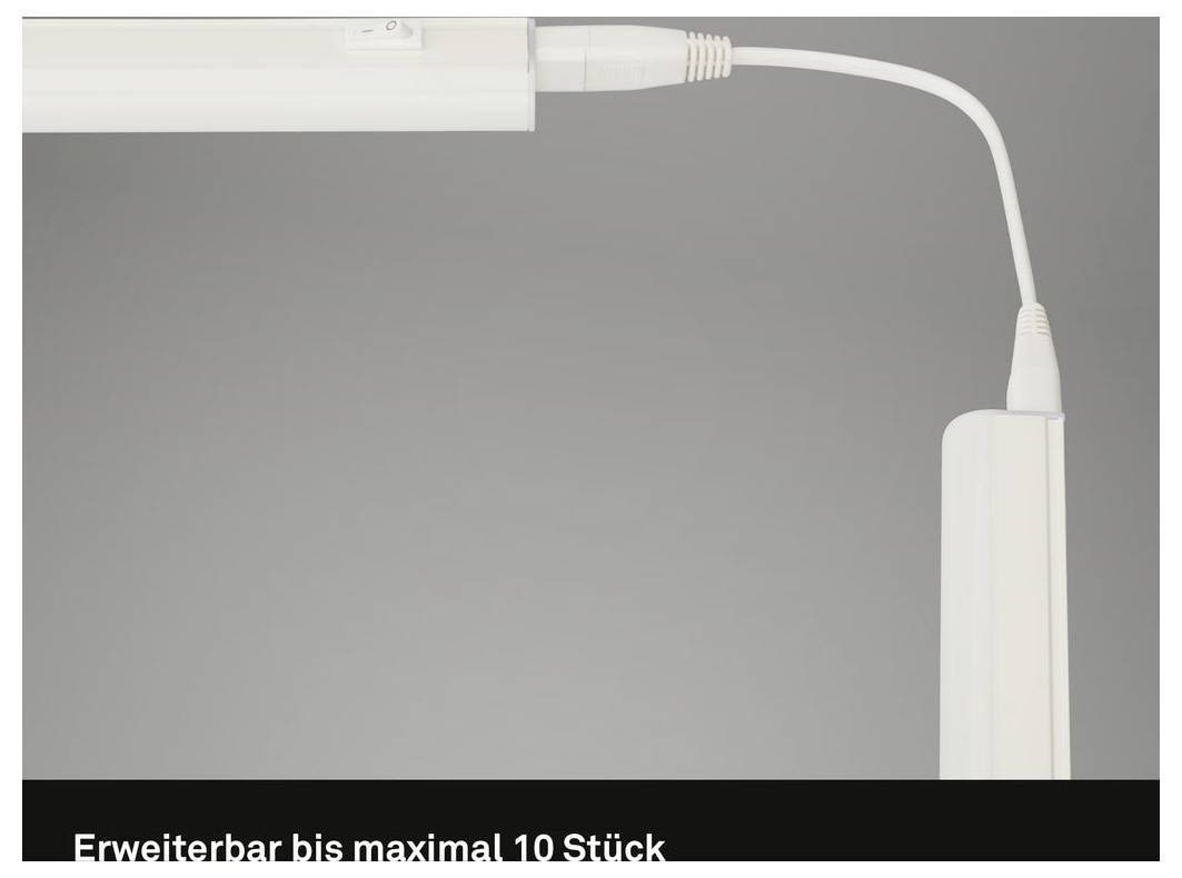 Weißer modularer Lichtstreifenstecker auf grauem Hintergrund mit deutschem Text „Erweiterbar bis maximal 10 Stück