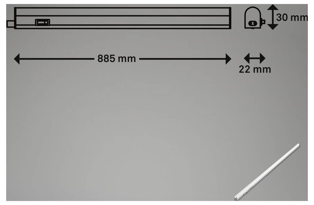 Diagramm eines langen rechteckigen Stabes mit beschrifteten Abmessungen: 885 mm Länge, 30 mm Höhe und 22 mm Breite, mit einem kleinen abgewinkelten Stab unten rechts dargestellt.