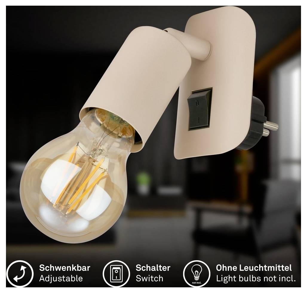 Verstellbare Wandleuchte mit freiliegender Glühbirne und Schalter, dargestellt als Produktbild; Text vermerkt „Schwenkbar