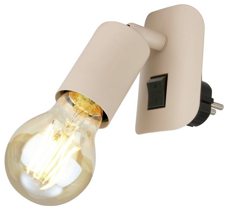 An der Wand montierte beigefarbene Lampe mit einer freigelegten leuchtenden Glühbirne und schwarzem Schalter, gezeigt auf weißem Hintergrund.