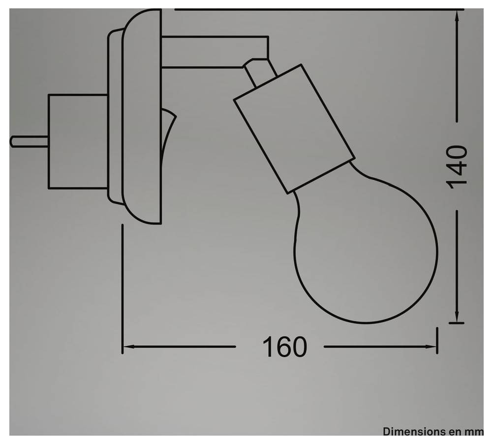 Technische Zeichnung einer Wandleuchte mit Glühbirne, die Abmessungen von 160 mm Breite und 140 mm Höhe zeigt.