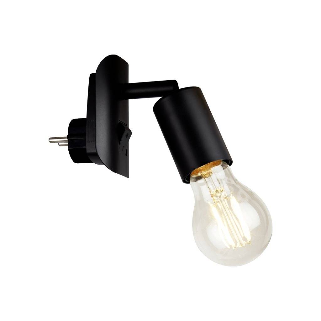 Schwarzer verstellbarer wandmontierter Scheinwerfer mit sichtbarer klarer Edison-Stil-Glühbirne auf weißem Hintergrund.