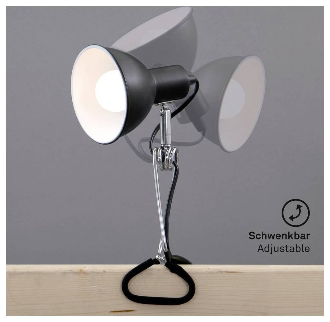 Schwarze verstellbare Klemmleuchte auf einem Holzregal angebracht, die seitlich schwenkbar gezeigt wird; der Text lautet „Schwenkbar Adjustable
