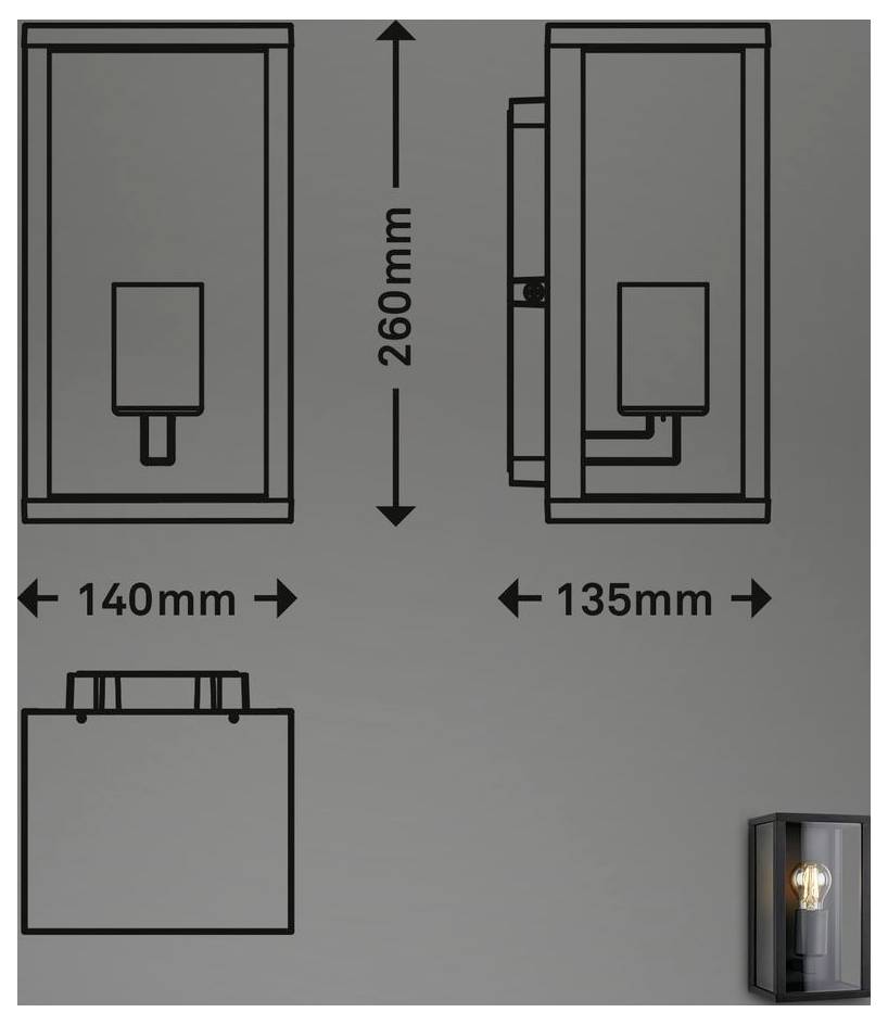 Technische Zeichnung einer Wandleuchte mit Front-, Seiten- und Draufsicht mit Abmessungen: 260 mm Höhe, 140 mm Breite und 135 mm Tiefe.
