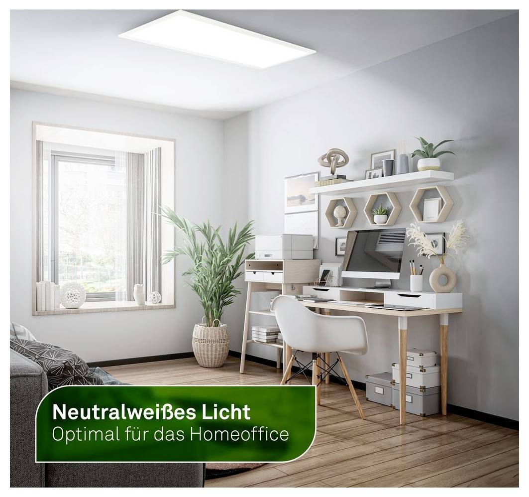 Modernes Homeoffice mit Schreibtisch, Computer, Regalen, Pflanze und Fenster; grünes Etikett liest „Neutralweißes Licht, Optimal für das Homeoffice