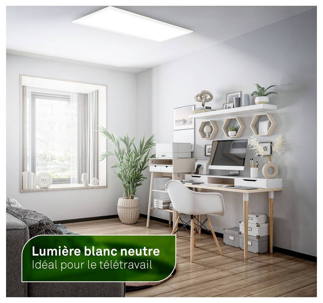 Helles Home-Office mit Schreibtisch, Monitor, Regalen und Pflanzen, gekennzeichnet mit „Lumière blanc neutre