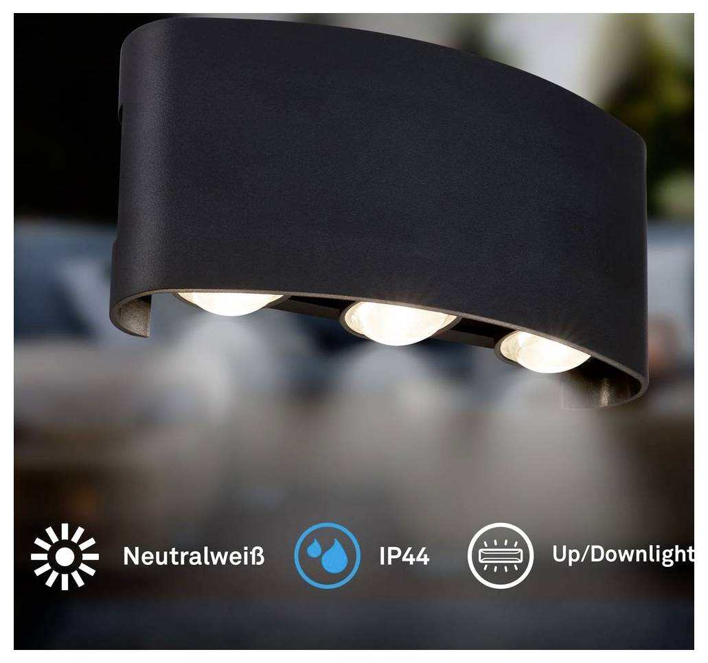 Schwarze geschwungene Wandleuchte mit drei leuchtenden Glühbirnen; gekennzeichnet mit Neutralweiß, IP44 und Up/Downlight.