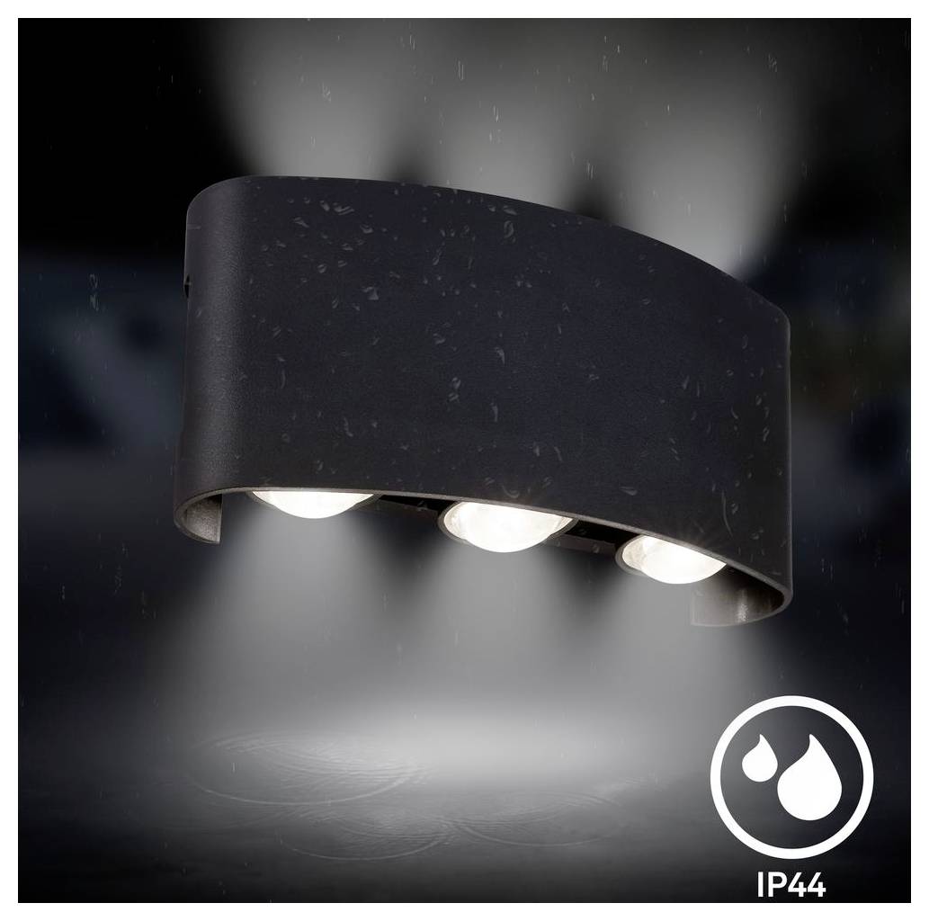 Schwarze dreiflammige Wandleuchte mit nach unten gerichteten Lichtstrahlen und IP44-Spritzwasserschutz-Symbol in der Ecke.