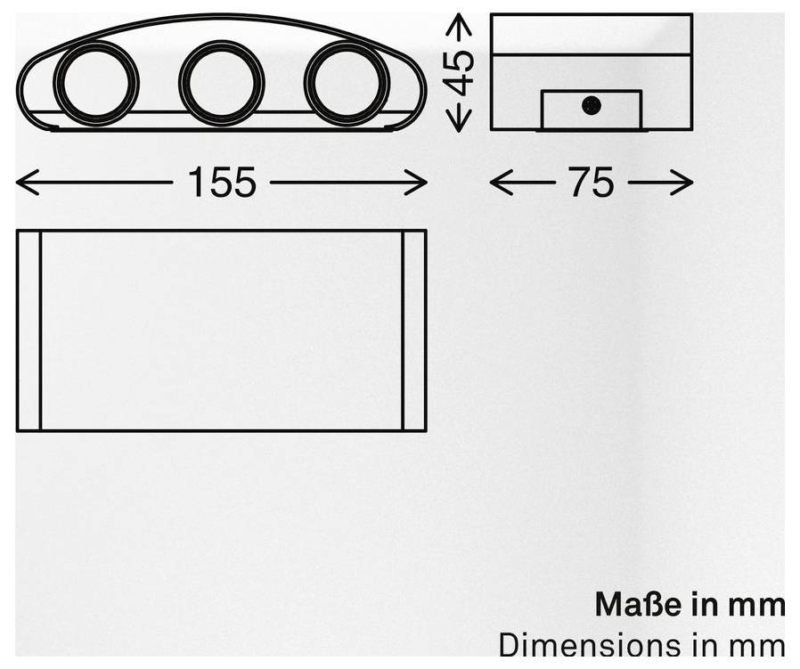 Technische Zeichnung einer Drei-Linsen-Vorrichtung mit Abmessungen in mm: 155 mm lang, 75 mm breit und 45 mm hoch.