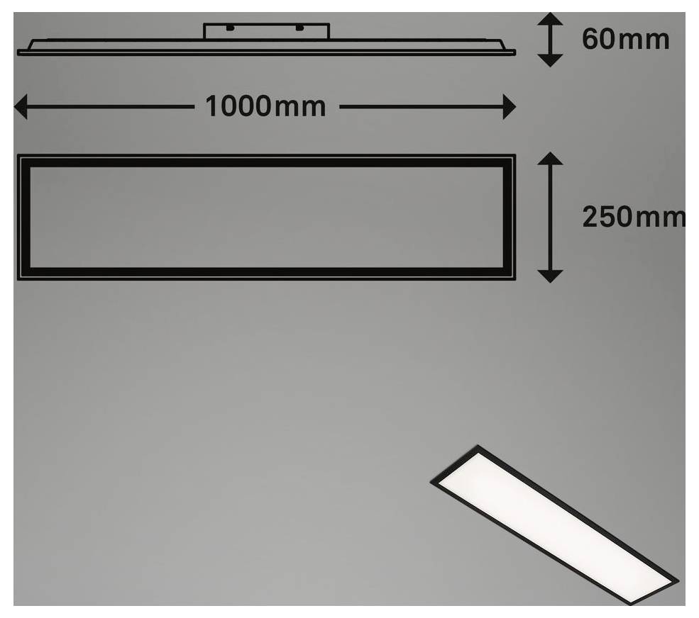 Diagramm einer rechteckigen Leuchte, 1000 mm breit und 250 mm hoch, mit 60 mm Tiefe in der Seitenansicht dargestellt.