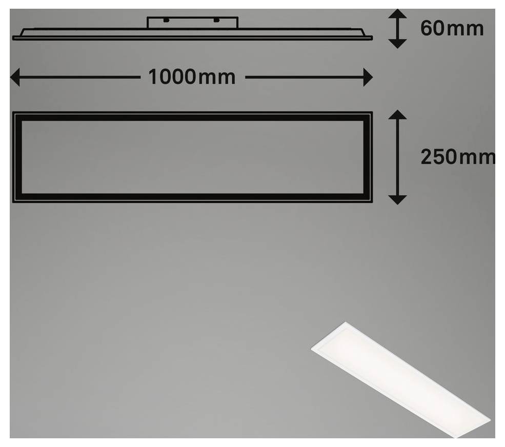 Technisches Diagramm eines rechteckigen Lichtpanels, dargestellt mit 1000 mm Breite, 250 mm Höhe und 60 mm Tiefe, mit einem weißen Panel, das darunter abgebildet ist.