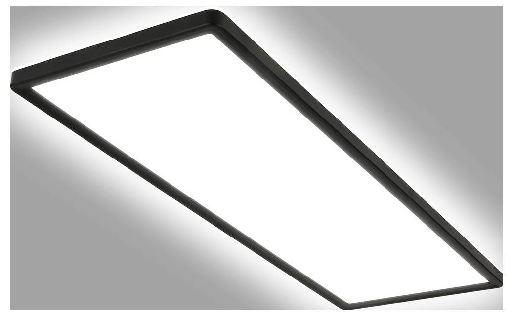 Schlanke rechteckige LED-Deckenleuchte mit schwarzem Rahmen, weiß leuchtend vor grauem Hintergrund.