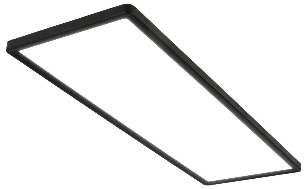Rechteckiges schwarzes LED-Deckenleuchten-Panel vor weißem Hintergrund gezeigt.