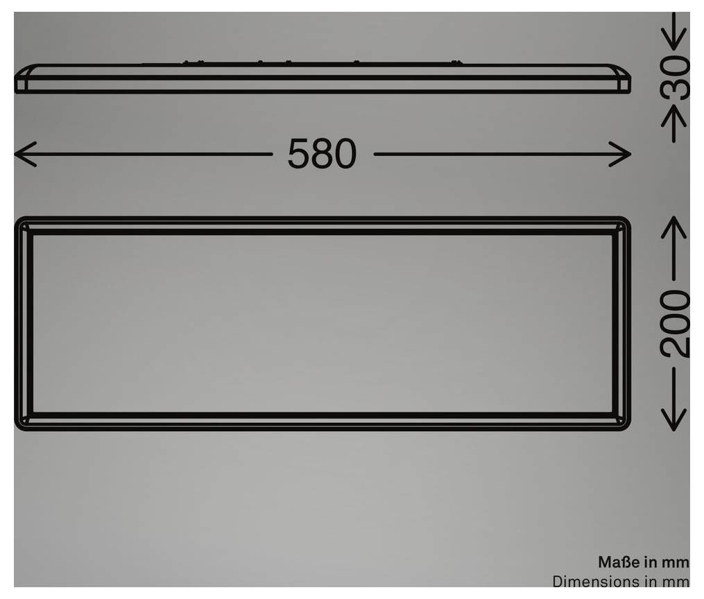 Technische Zeichnung eines rechteckigen Objekts mit den Maßen 580 mm Breite, 200 mm Höhe und 30 mm Dicke.